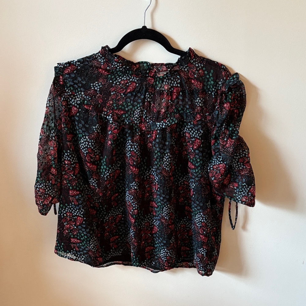 NWT Black Floral Ruffle-Neck Blouse with Pink & Teal Accents